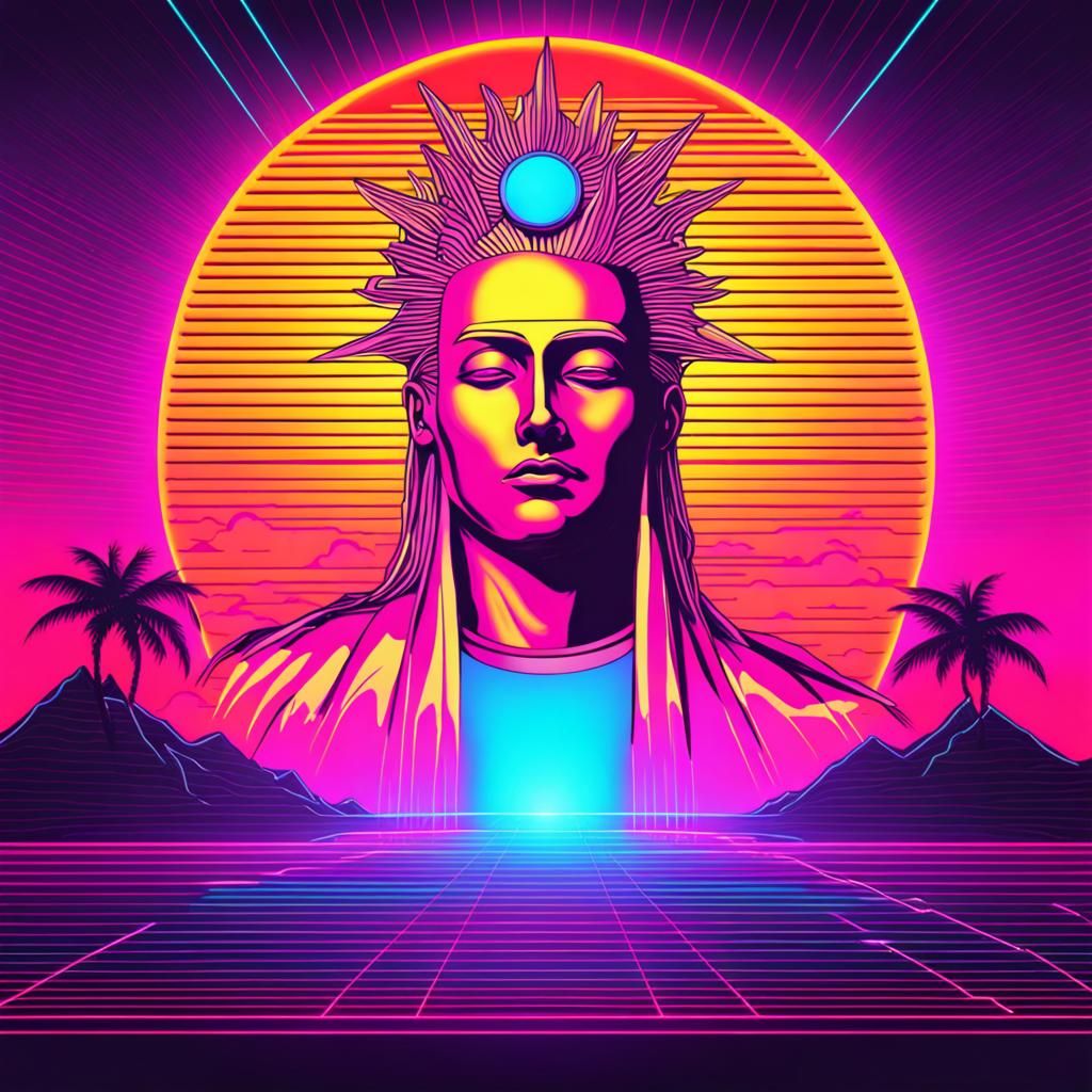 Synthwave Sun God in Neon Retro Style