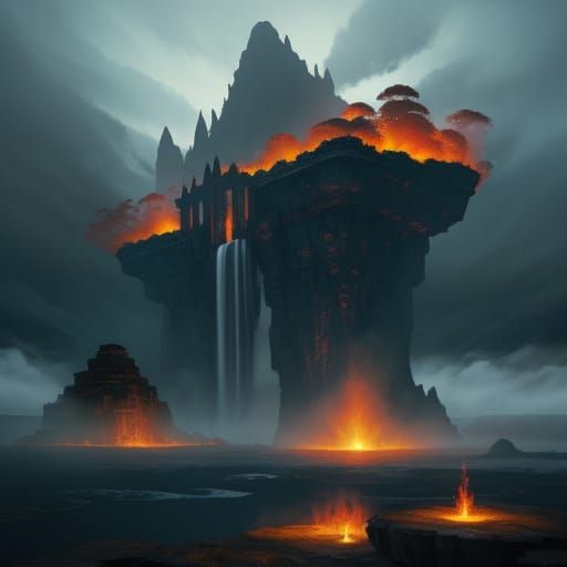 Epic Floating Island Above Lava Rivers With Dragons