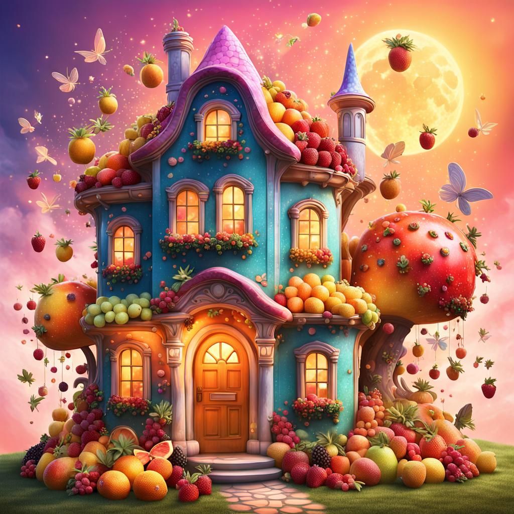 Whimsical Fruit House with Fairies in Children's Book Style