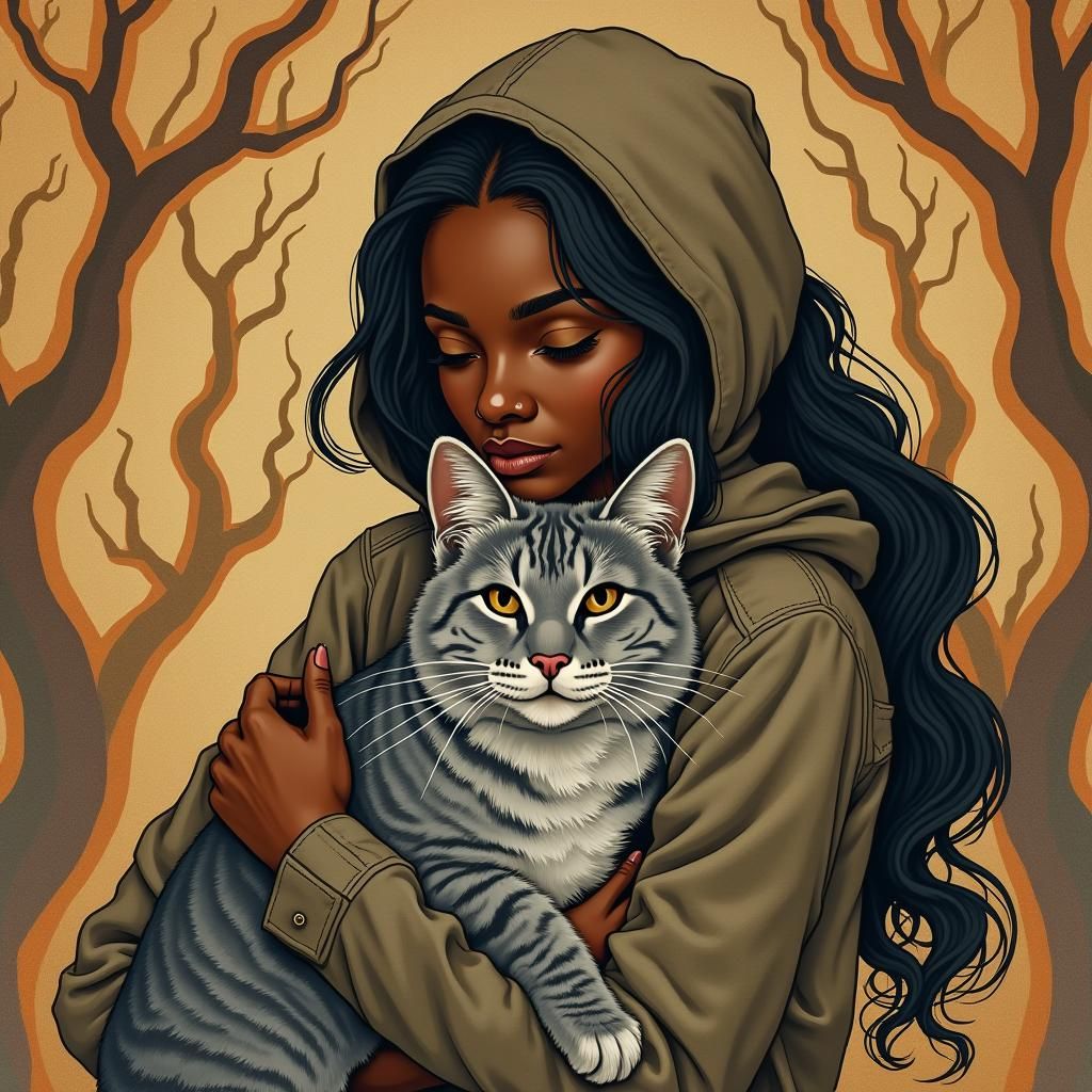 Cubist Surrealist Woman with Cat in Dream Landscape