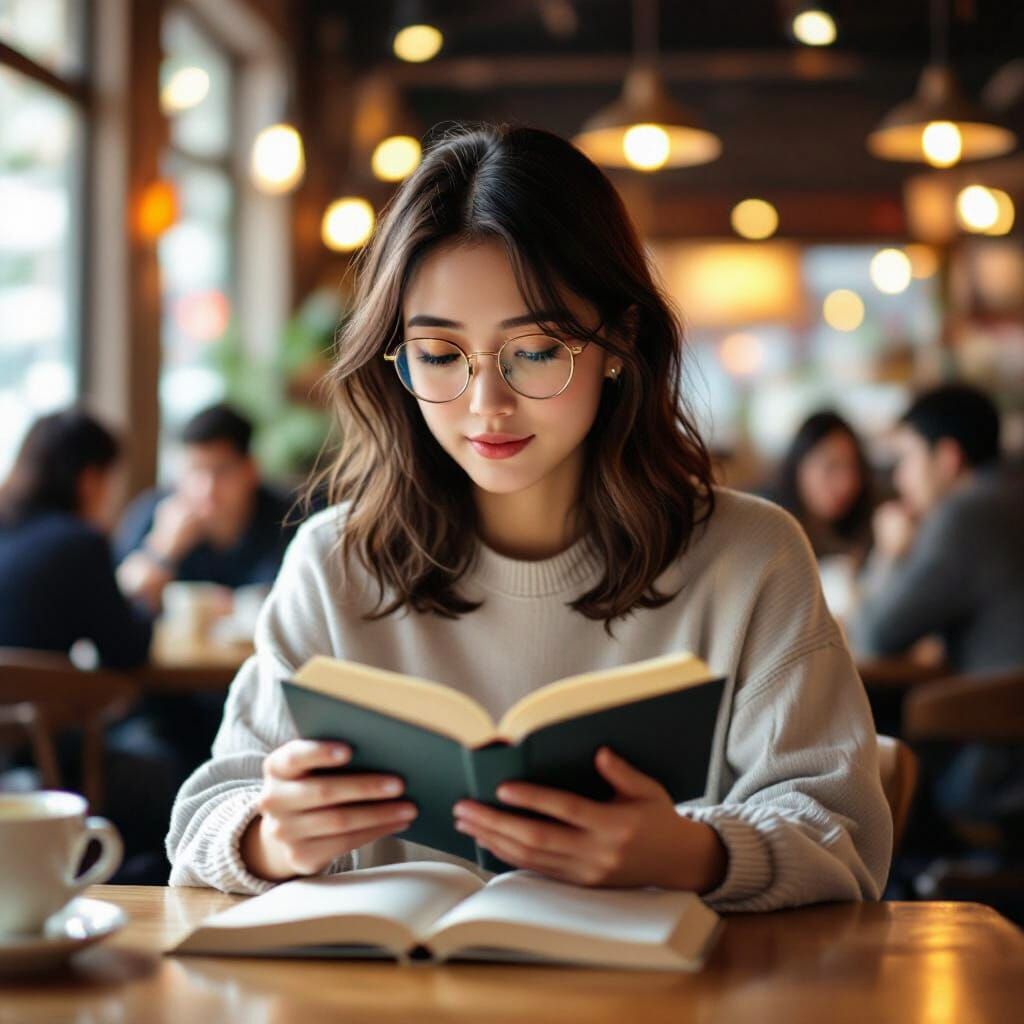 Asian Woman Reading in Cozy Cafe: Bokeh Effect