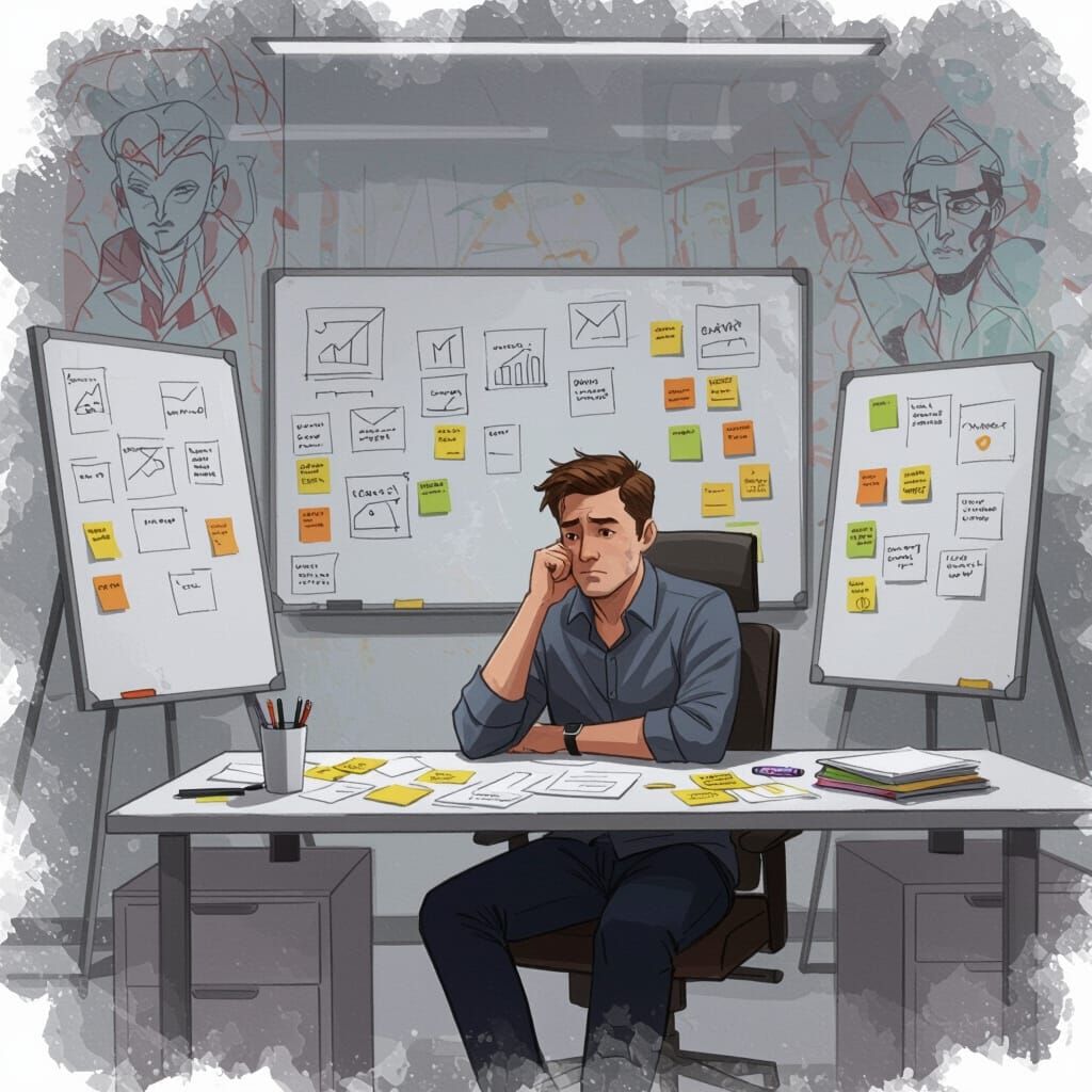 Worried Project Manager in Minimalist Office, Concept Art