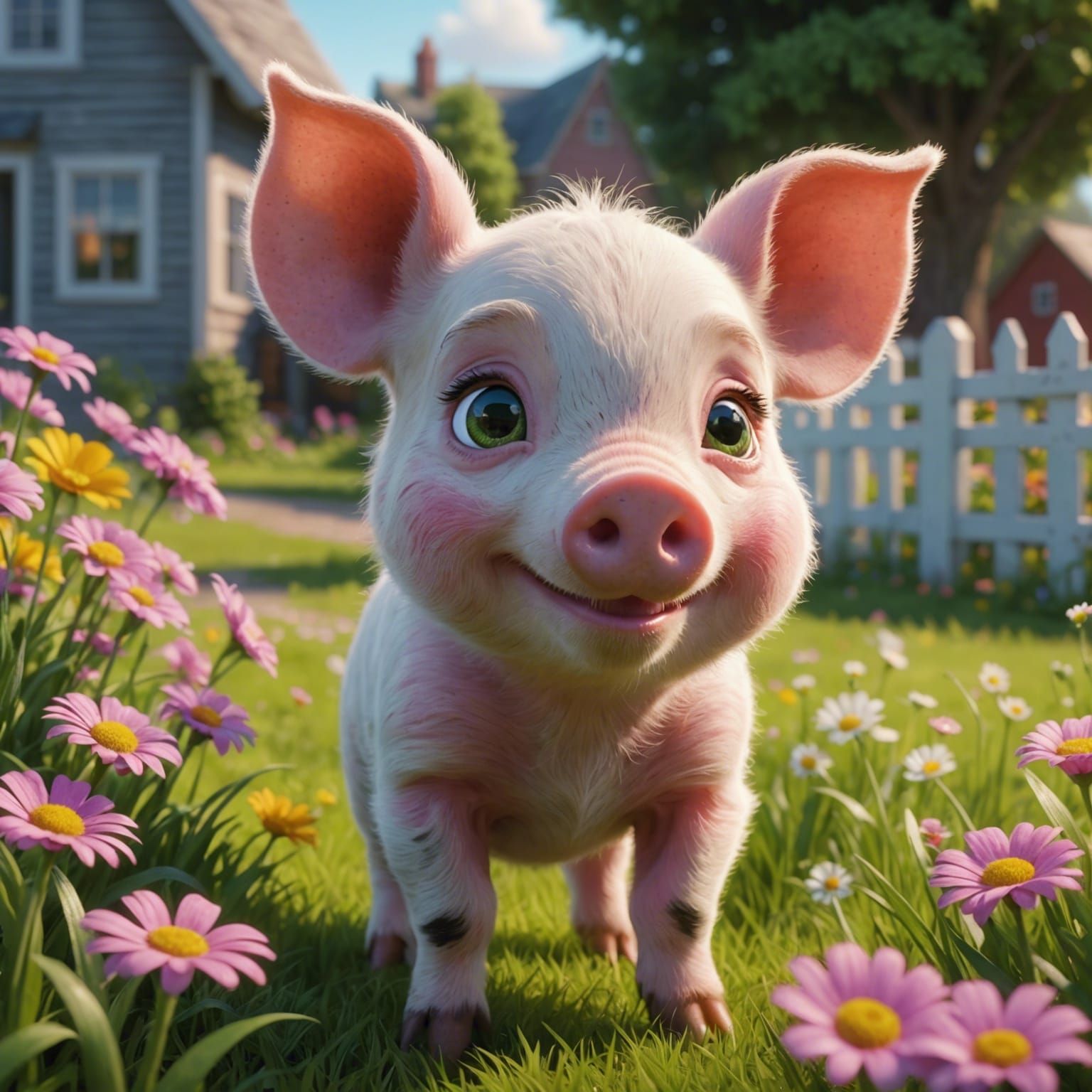 Adorable Piglet Grazing in Vivid Flower Meadow