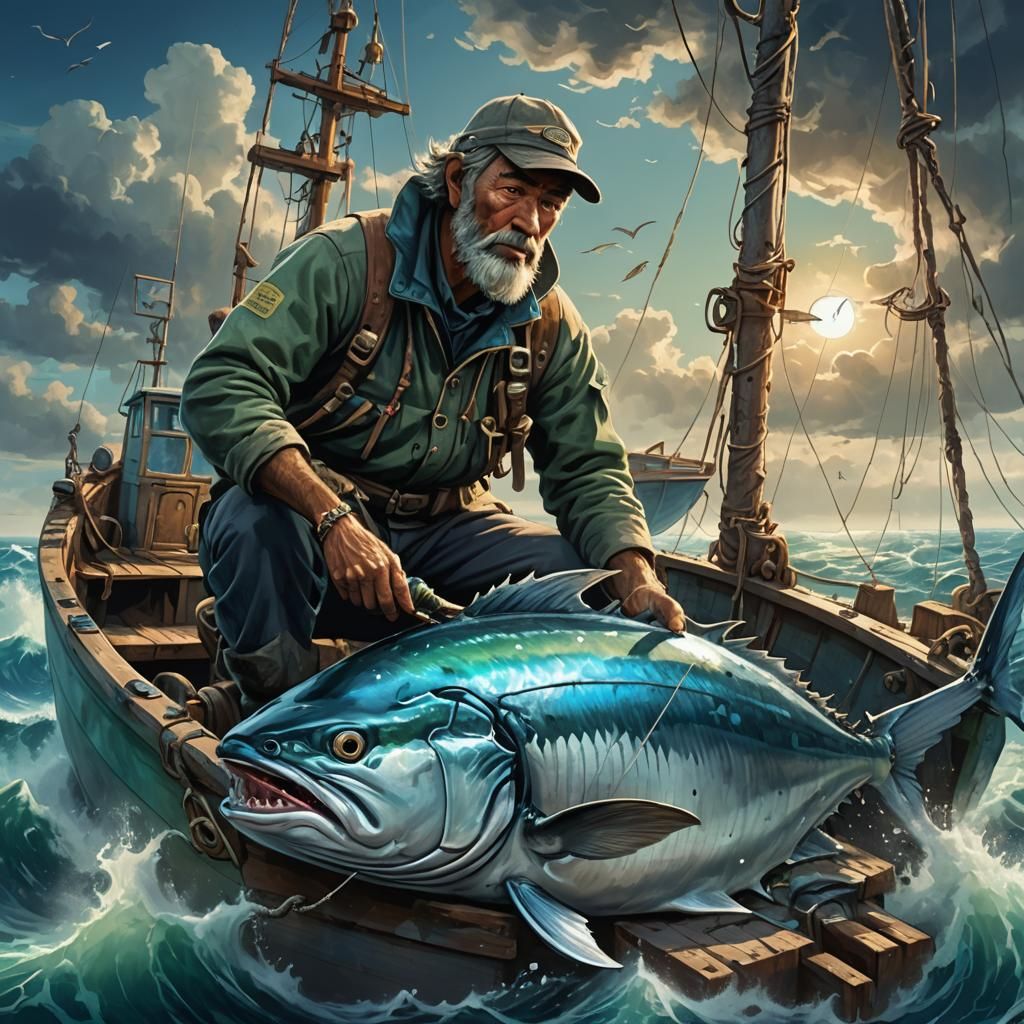 Fisherman Hatching Bioluminescent Tuna: Deep Sea Concept Art