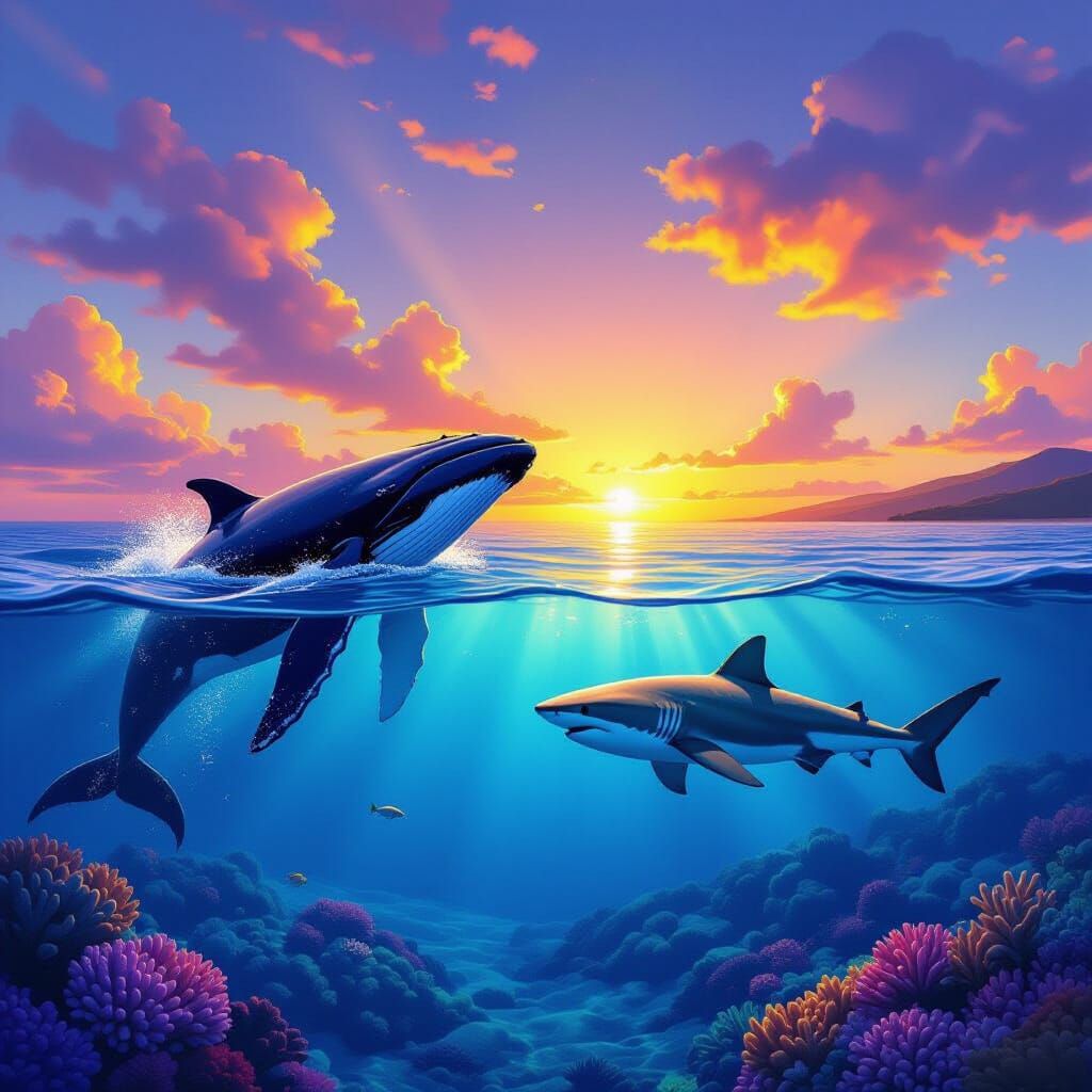 Humpback Whale and Tiger Shark at Hawaiian Sunset