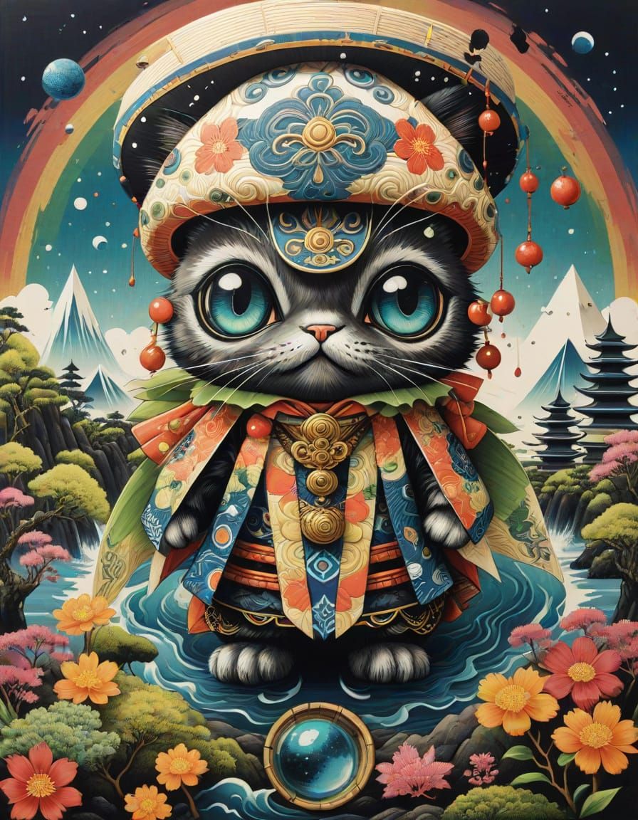 Cute Chibi Cat Kaiju in Ukiyo-E Style