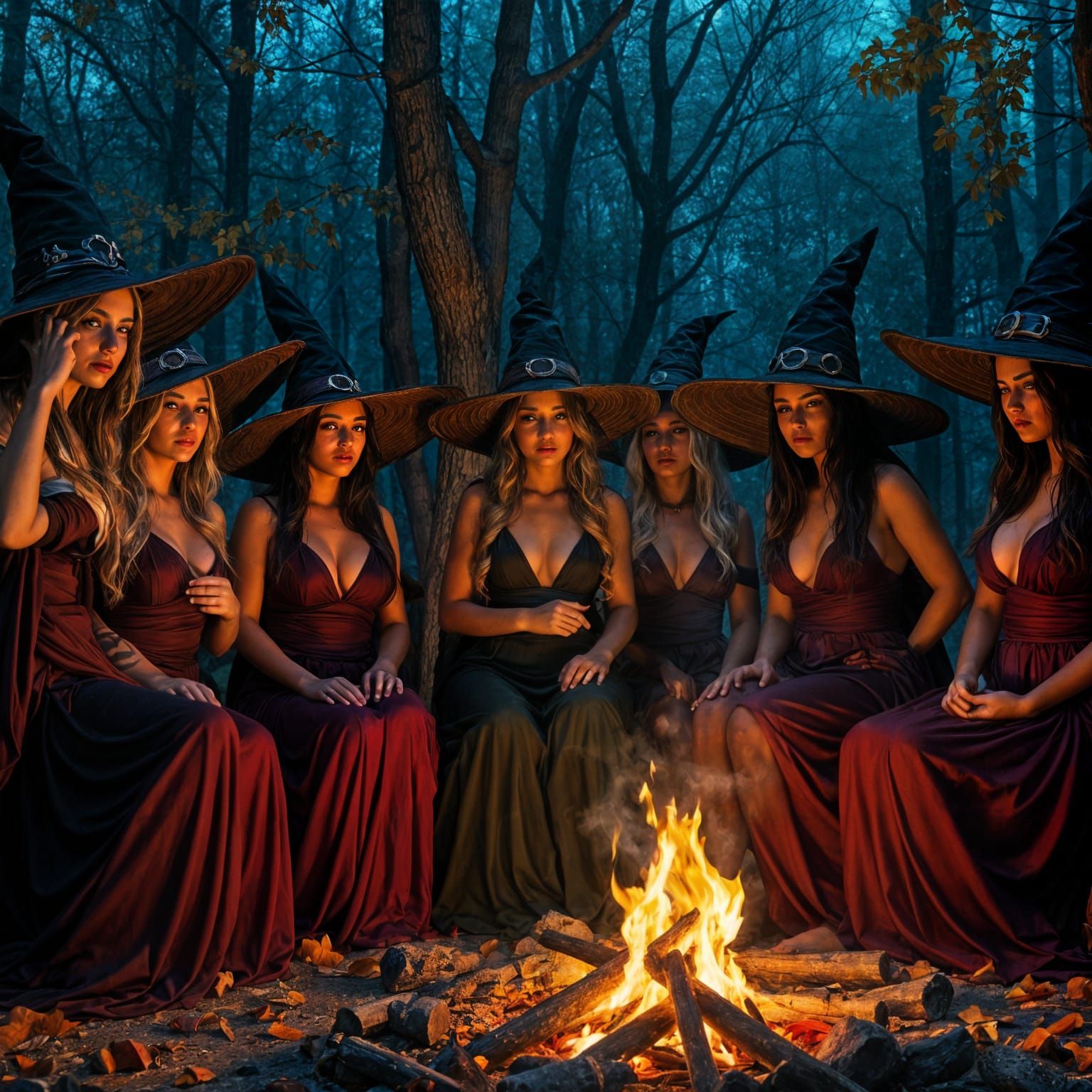 Witches Around Campfire in Autumn Forest