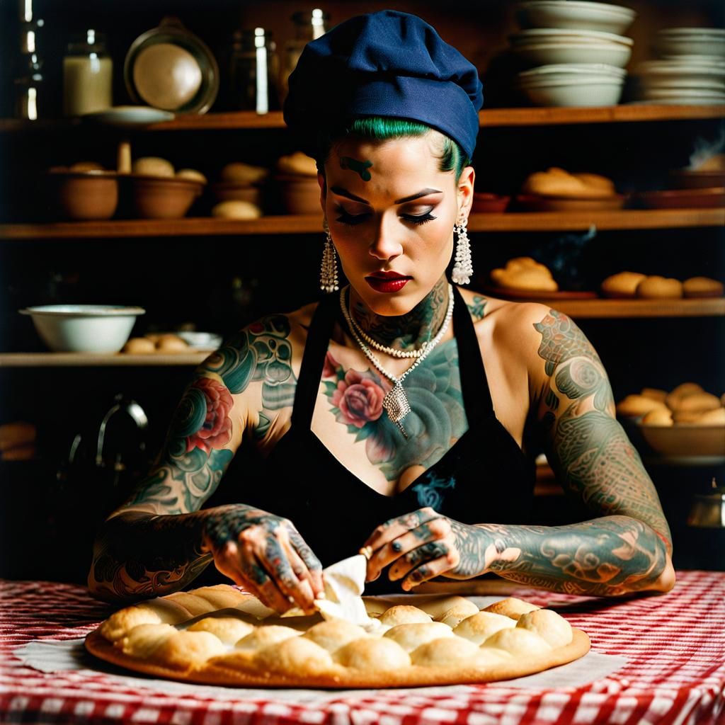 Tattooed Baker Rolls Dough Revealing Plaid Pattern