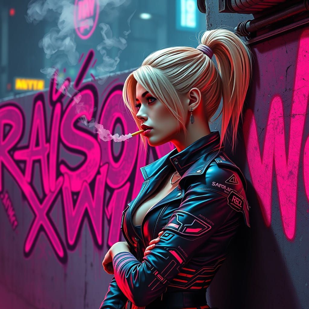 Cyberpunk Goddess Leans Against Gritty Cityscape