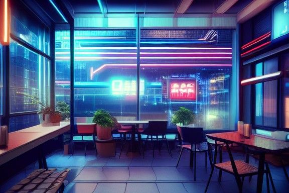 Futuristic Tokyo Cafe in Cyberpunk Style