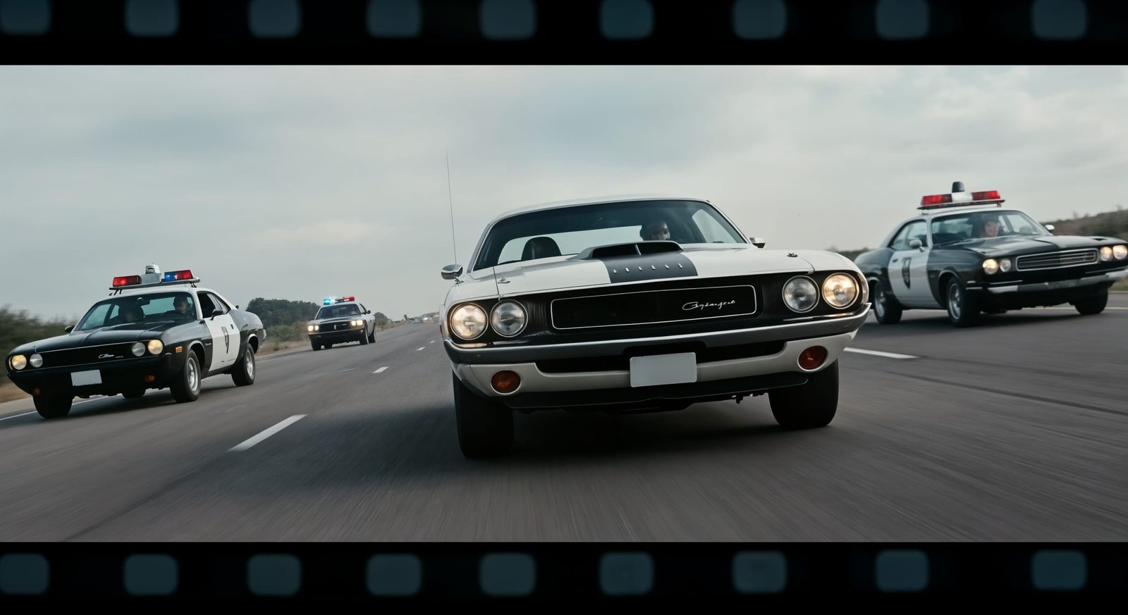 Retro American Muscle Car Chase Through Desert Landscape