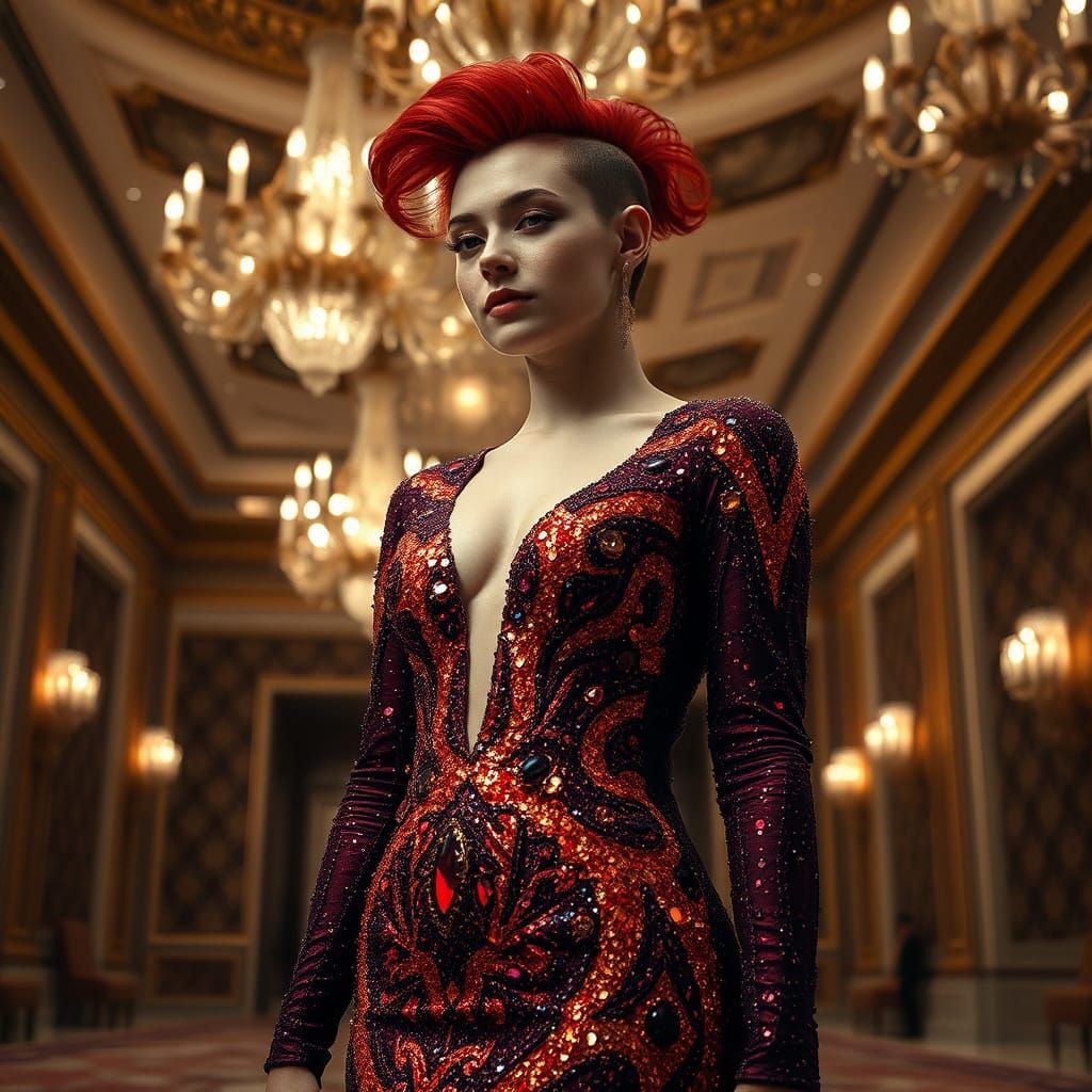 Woman in Crystalline Dress in Opulent Ballroom