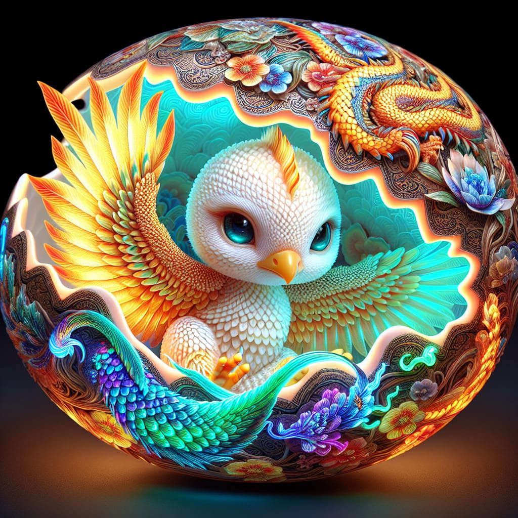 Imagine an adorable chibi baby phoenix with scales reminiscent of electroluminescent Chinese Doucai porcelain hatching f...