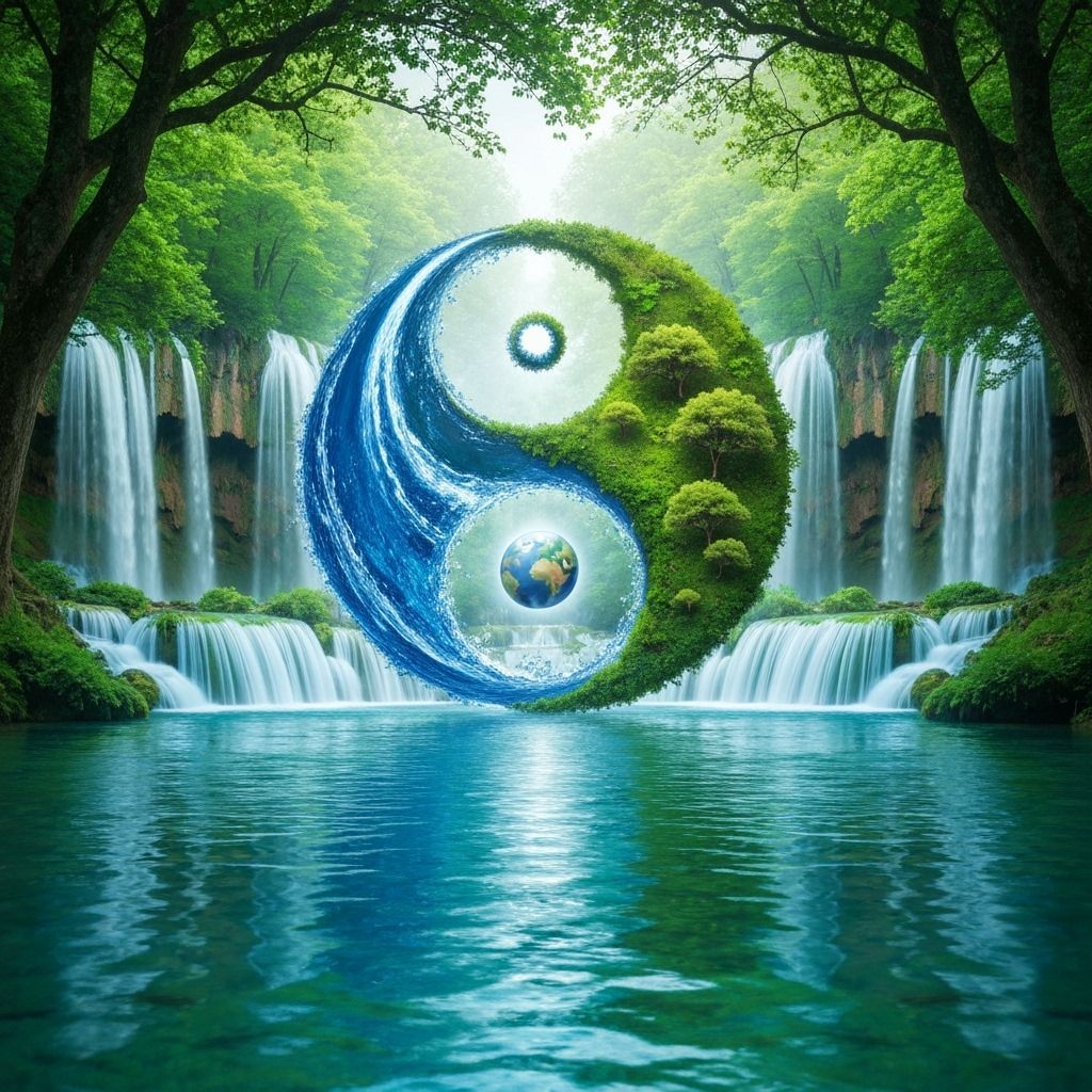 Surreal Yin Yang Landscape with Water and Greenery
