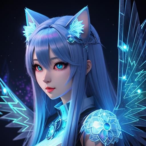 Bioluminescent Anime Cat-Girl with Crystal Wings