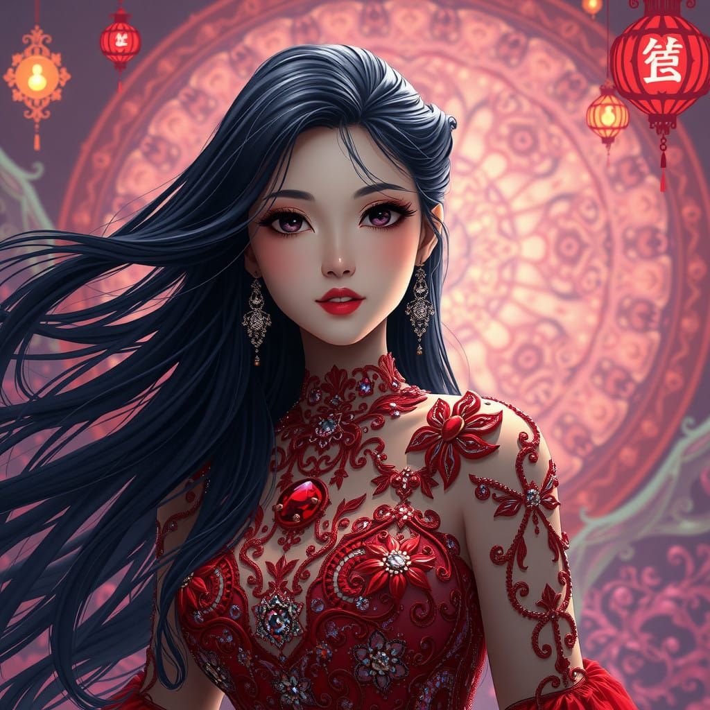 Ethereal Anime Goddess in Red Evening Gown with Intricate Pa...