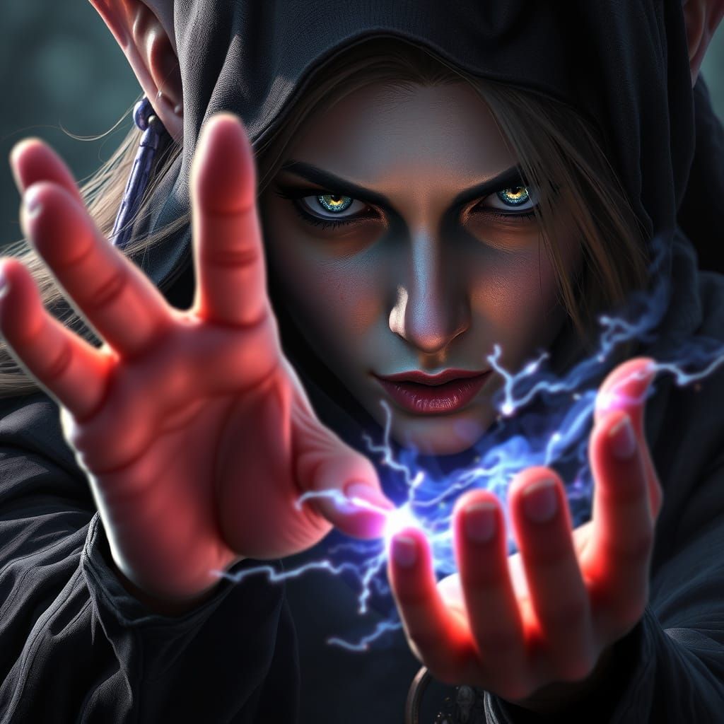 Elven Sorceress Casting Magic, Dramatic Digital Art