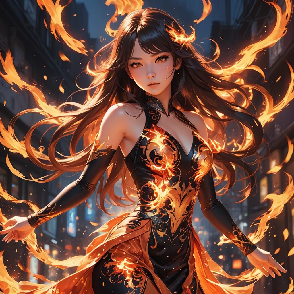 Anime Girl in Flaming Dress: 3D Rendered Art