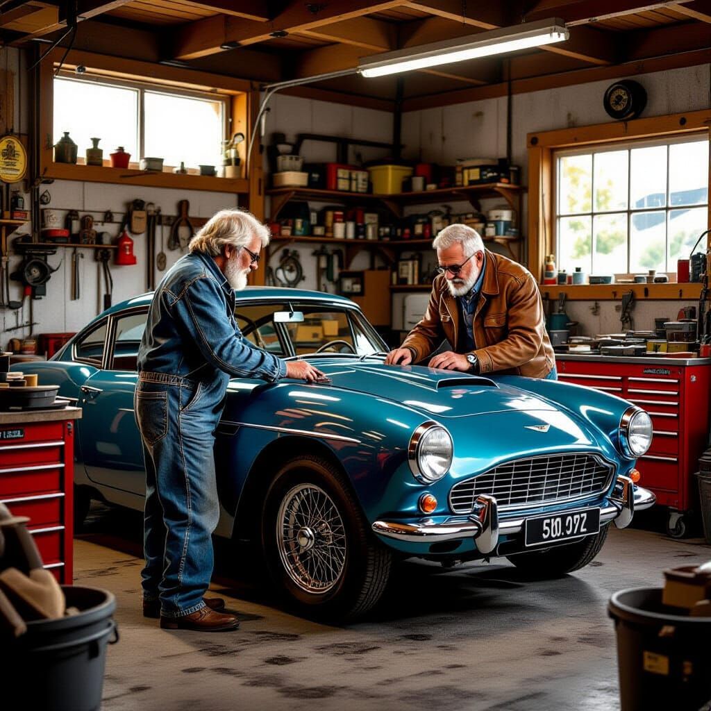 Elderly Couple Restoring Vintage Sportscar in Nostalgic Styl...