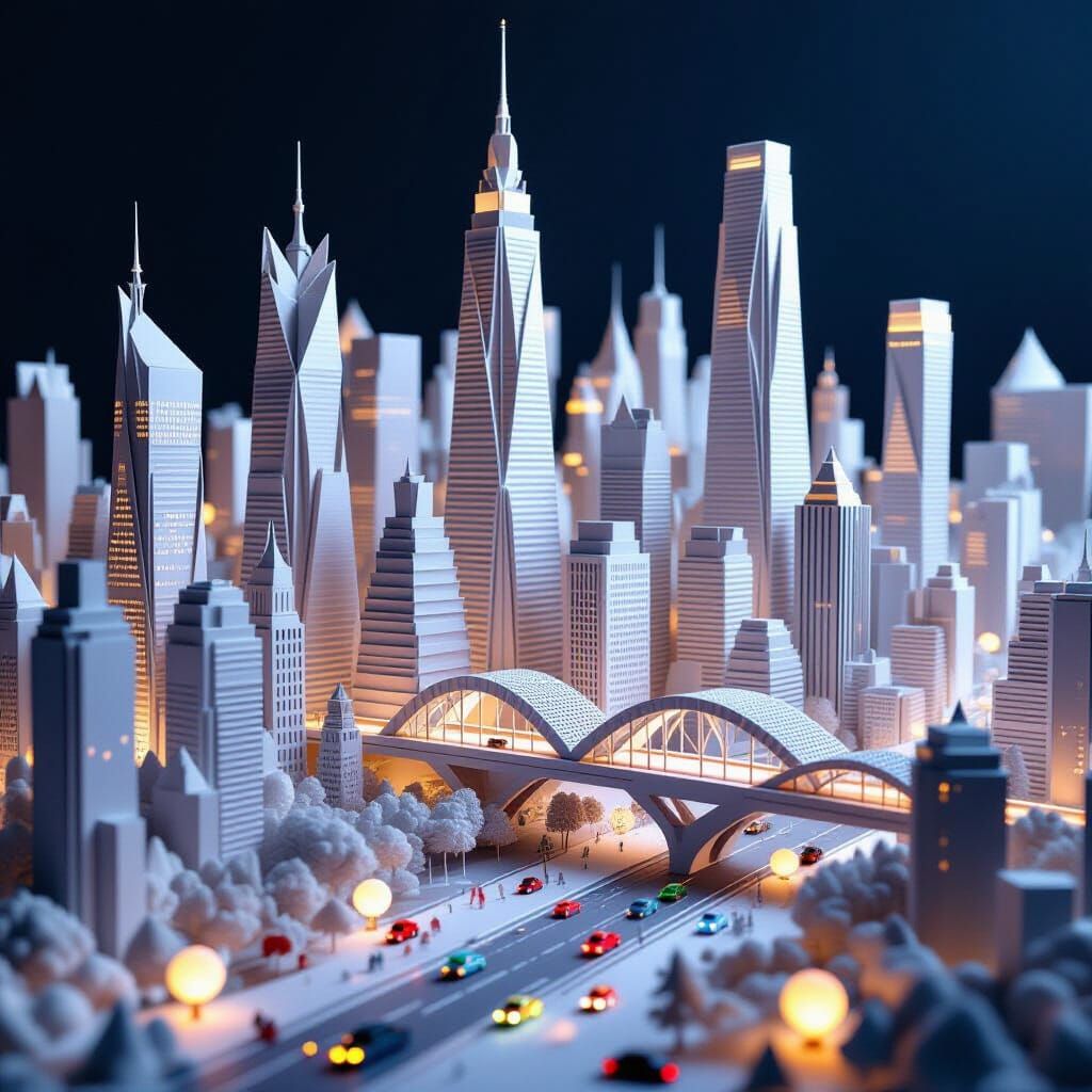 Intricate Paper Cityscape with Origami Crane Skyscrapers