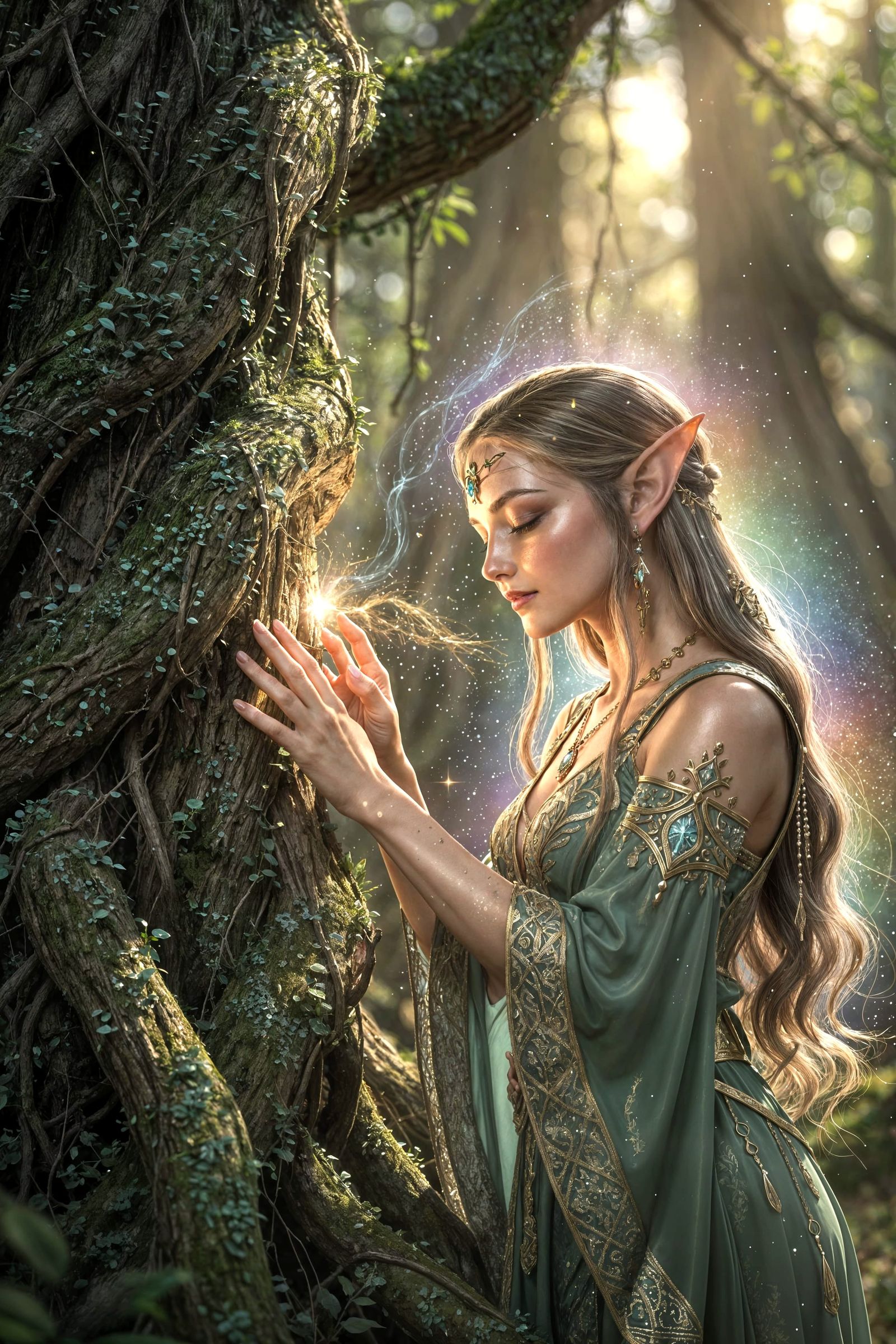 Elf Energizing at Colossal Tree, Ultra Realistic Portrait