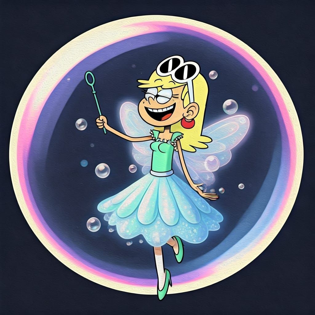 envision Leni Loud from The Loud House as a bubble fairy, fluttering through a dreamscape made of giant, iridescent bubb...
