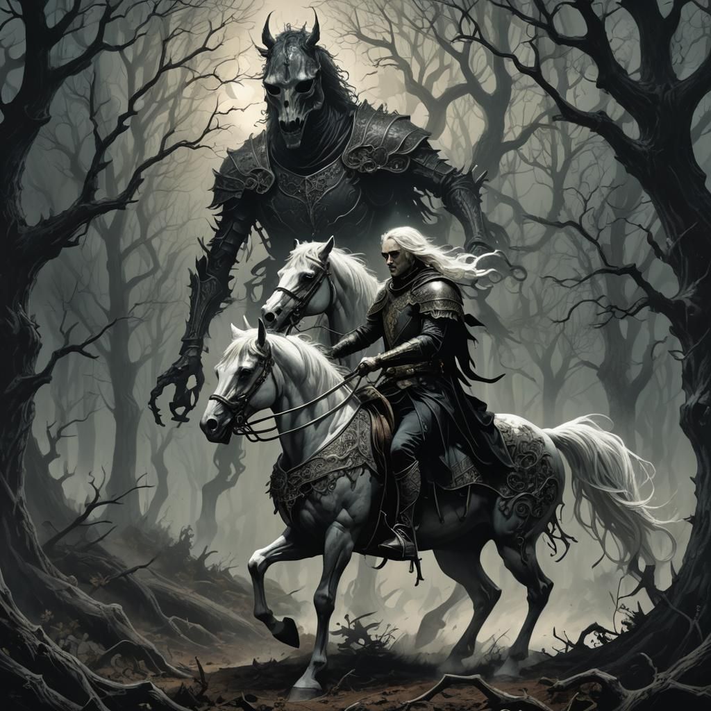 Distraught Prince on Skeletal Horse in Dark Forest