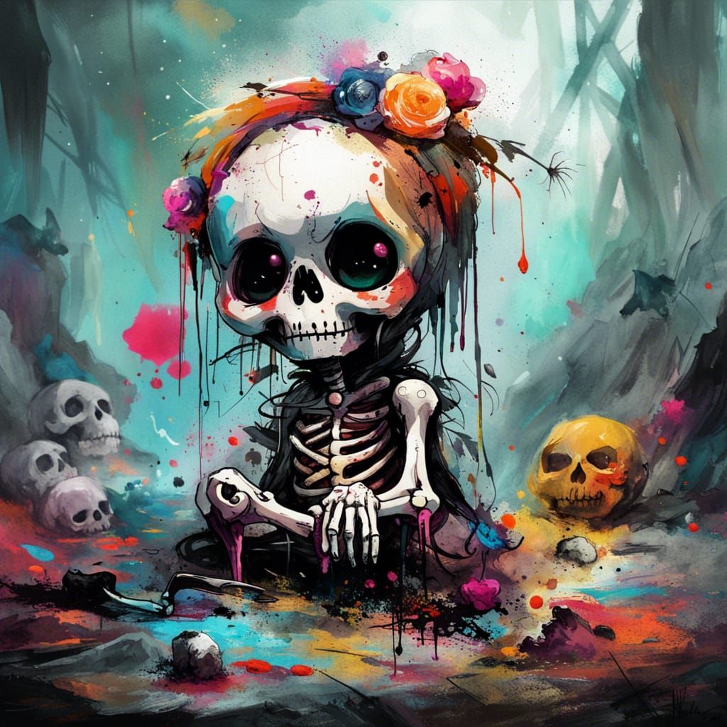Chibi Spooky Skeleton in Polychromatic Splash Art