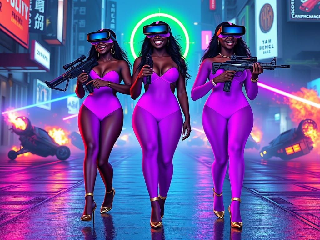 Cyberpunk Transgender Women in Neon Violet Stockings