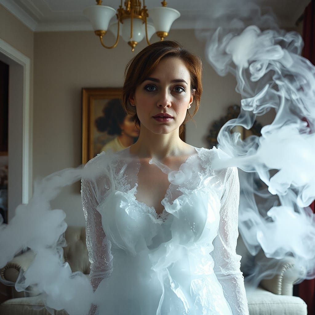 Woman of Ice Sublimating in Smoky Room