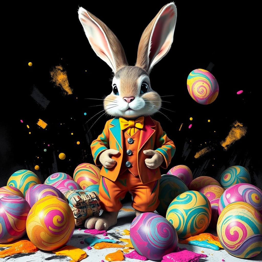 Vibrant Easter Bunny in a Melting, Street Art-Inspired Scene