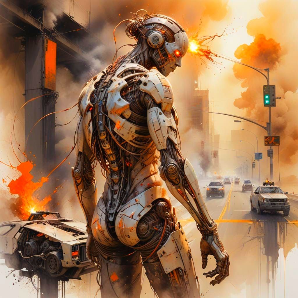 Cyborg Survivor on Deserted Freeway in Sepia and Neon