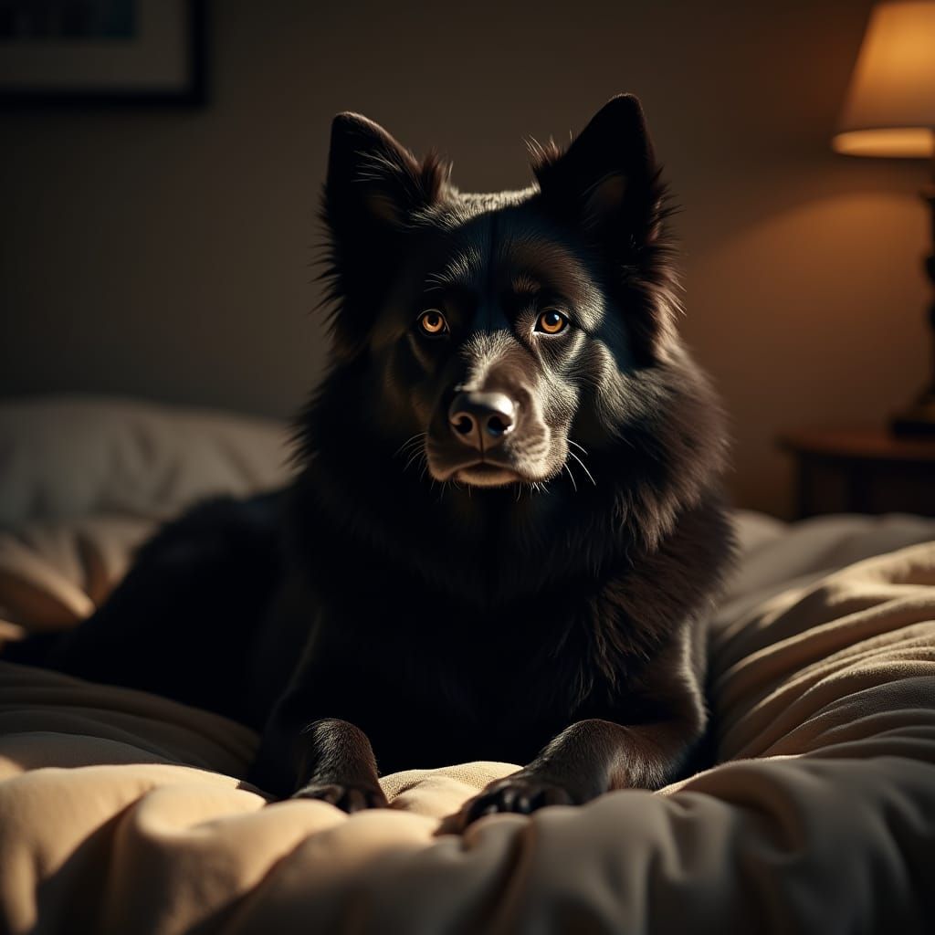 Cinematic Black Dog on Velvet Bed