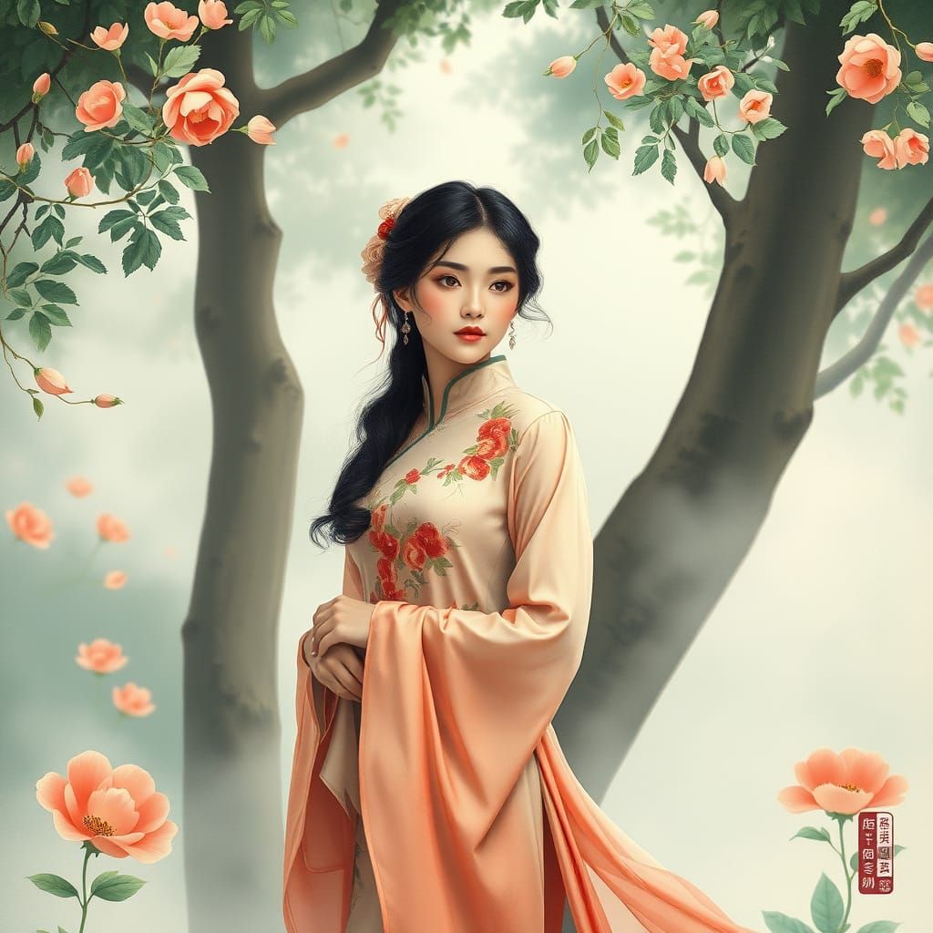 Ethereal Asian Woman in Art Nouveau-Inspired Garden