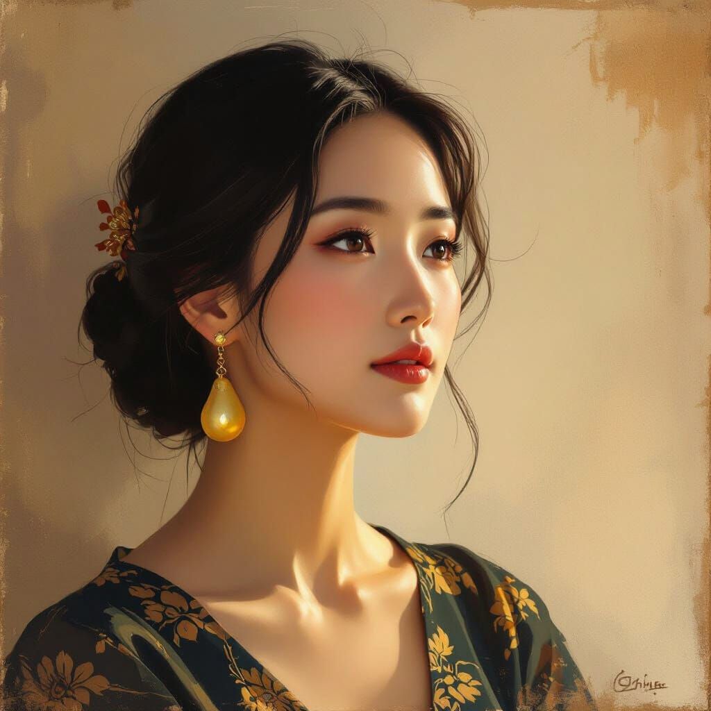 Asian Woman with Pear Earring in Classical Style