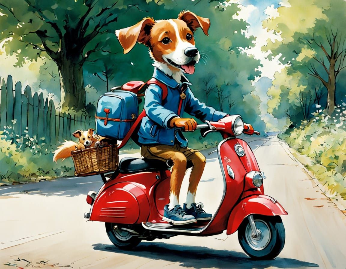 Vibrant Dog Speeds Down a Red Scooter in a Dynamic Scene