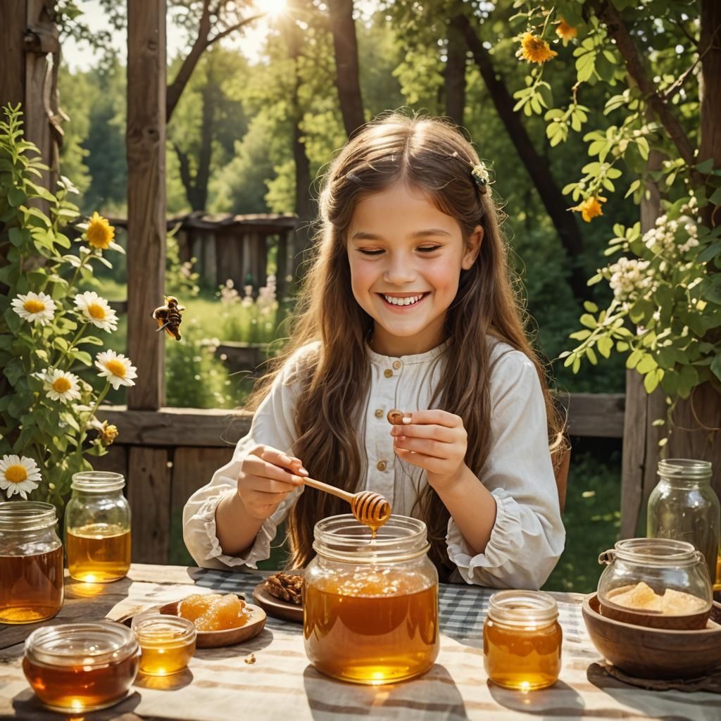 Smiling Girl with Honey Jar in Vintage Kitchen