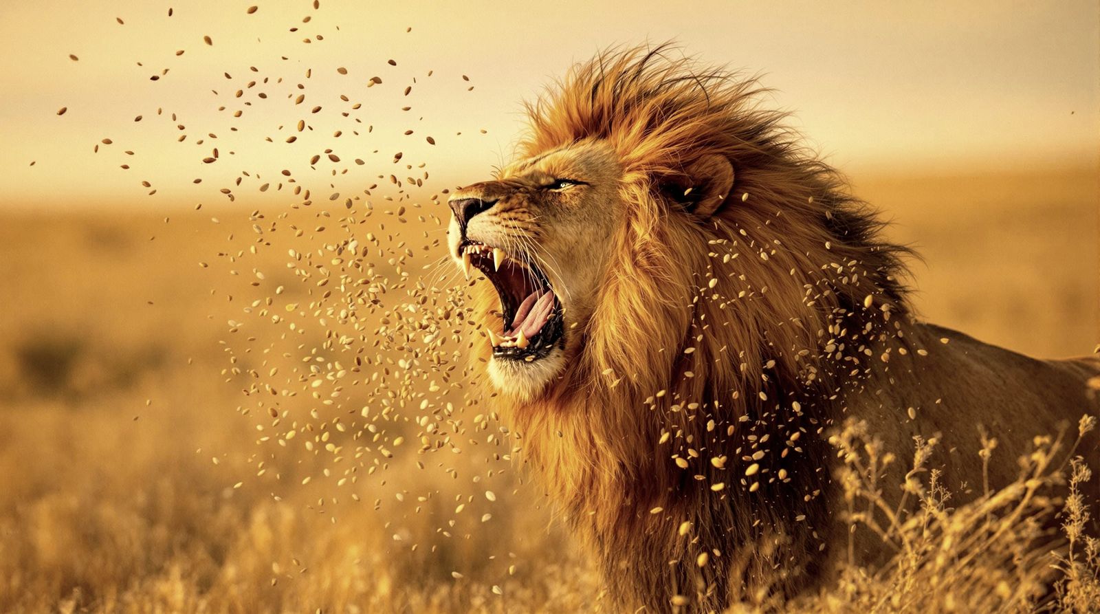 Lion with Golden Mane Roaring on Savannah