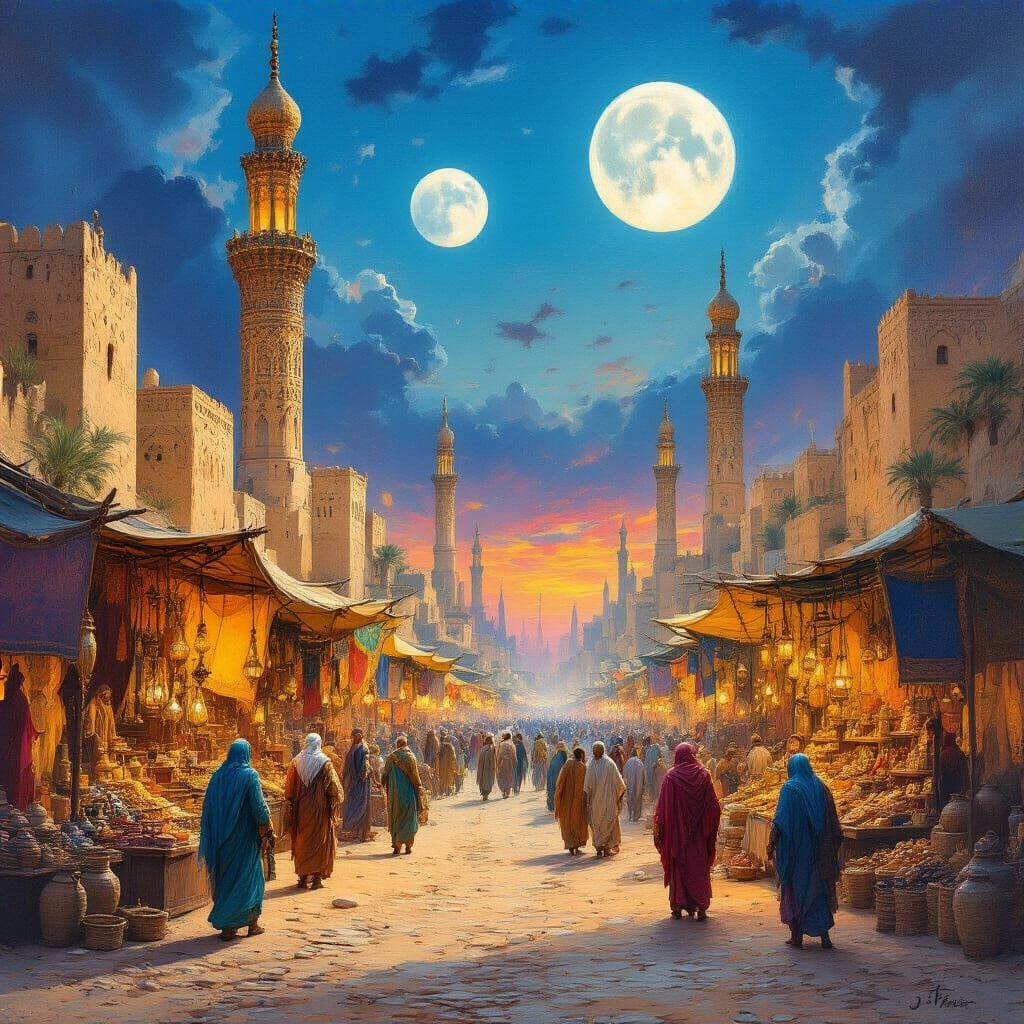 Fantastical Desert City Marketplace with Two Moons