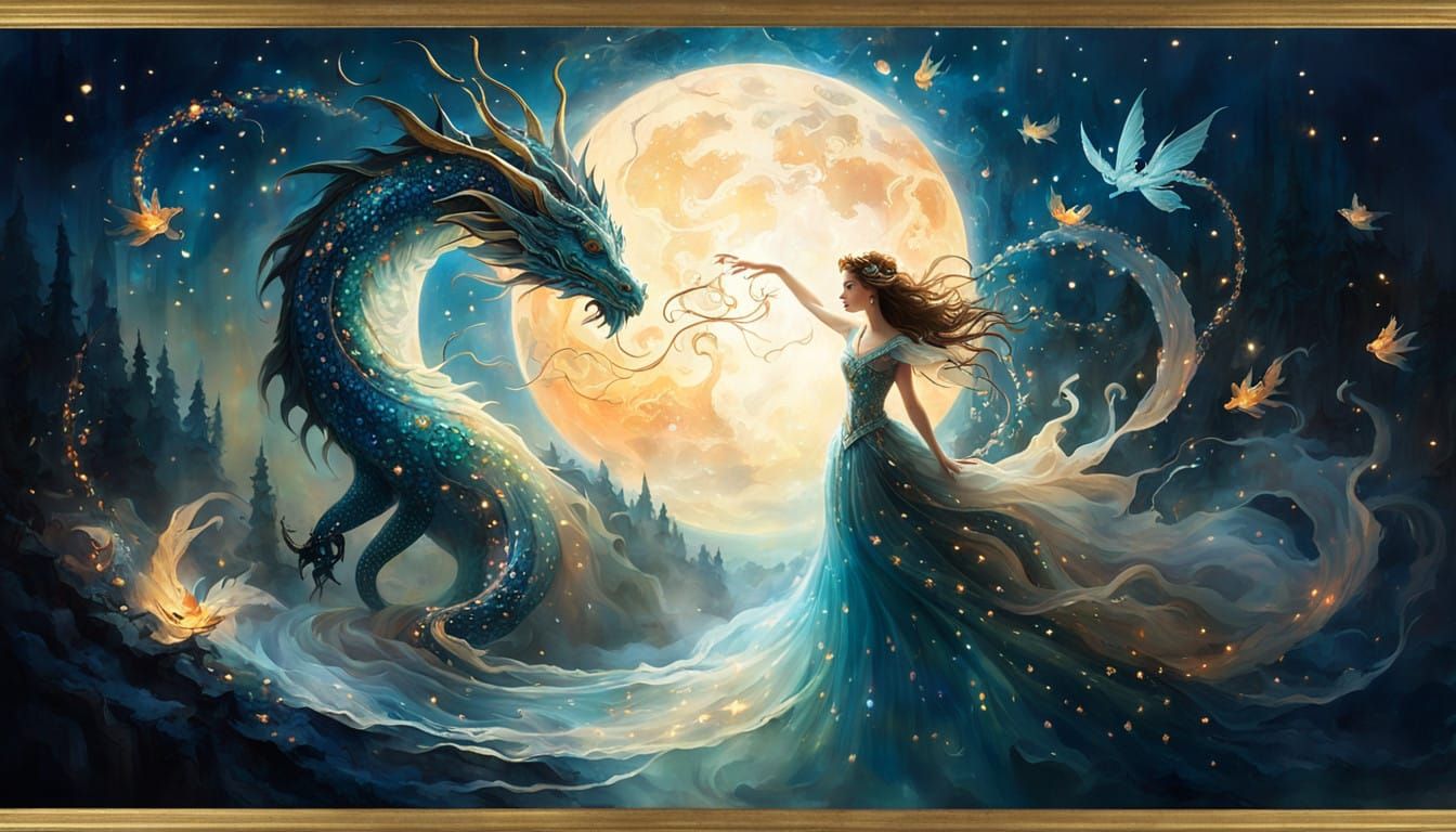 Enchanted Dragons and Maiden in Vintage-Inspired Watercolor....