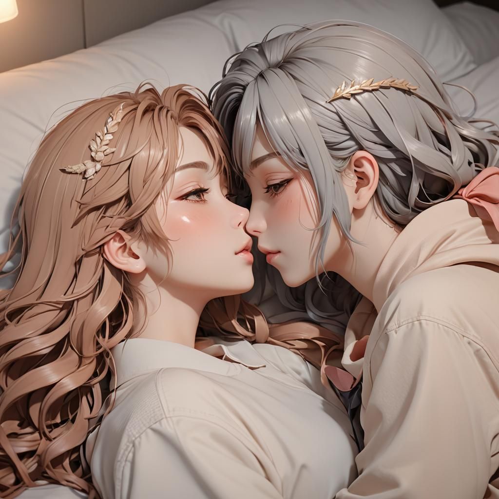 Romantic Anime Girls Kissing in 3D