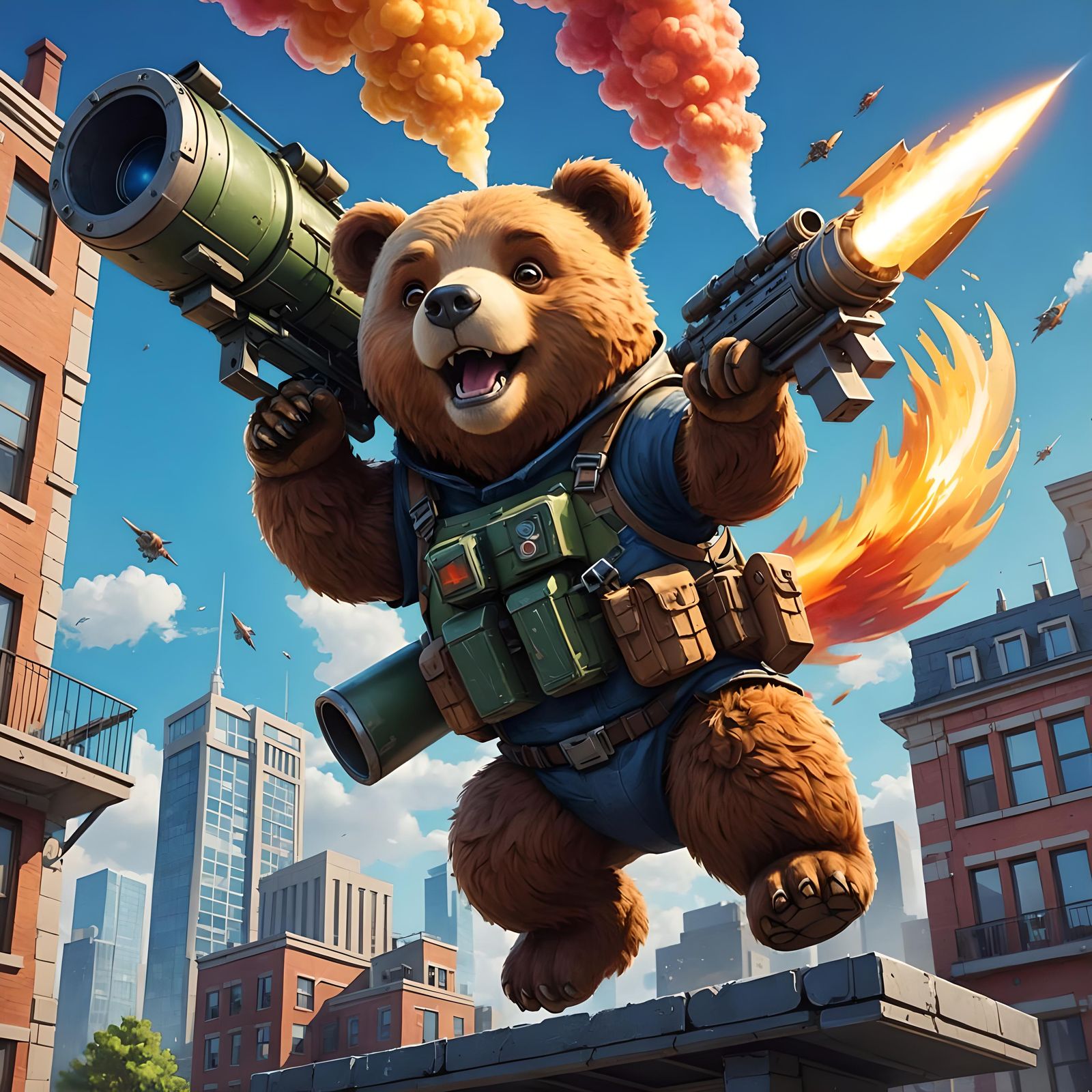 Bear with Rocket Launcher in Hyperrealistic Style