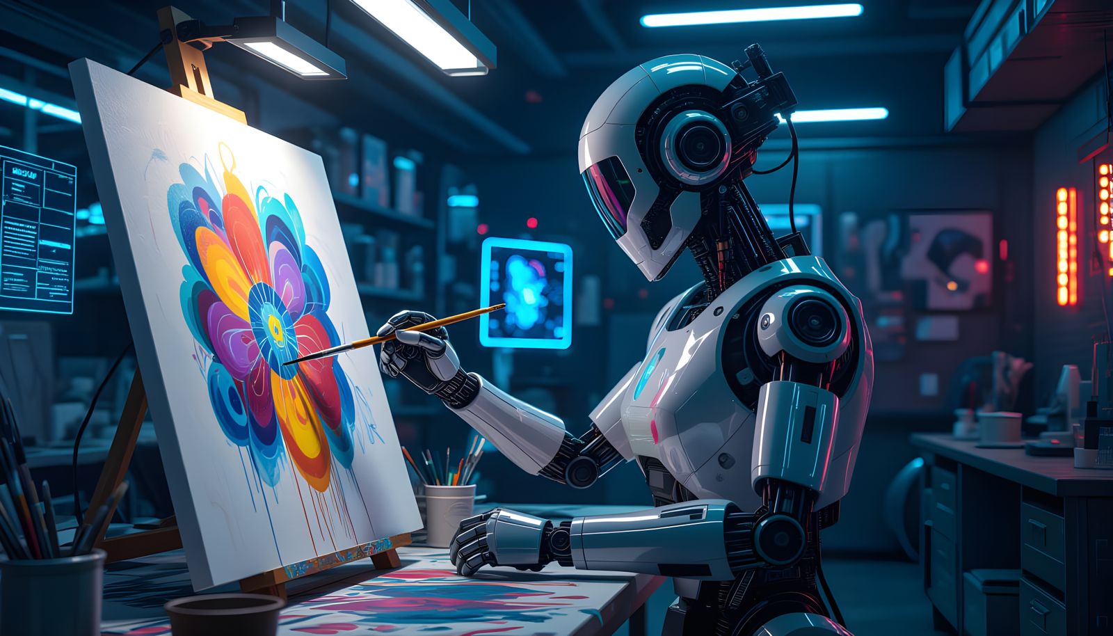 Futuristic Robot Painter in Cinematic Atelier