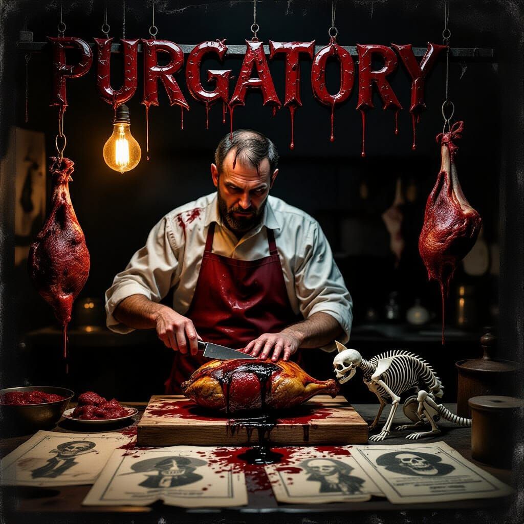 Grotesque Butcher Shop Scene in Daguerreotype Style