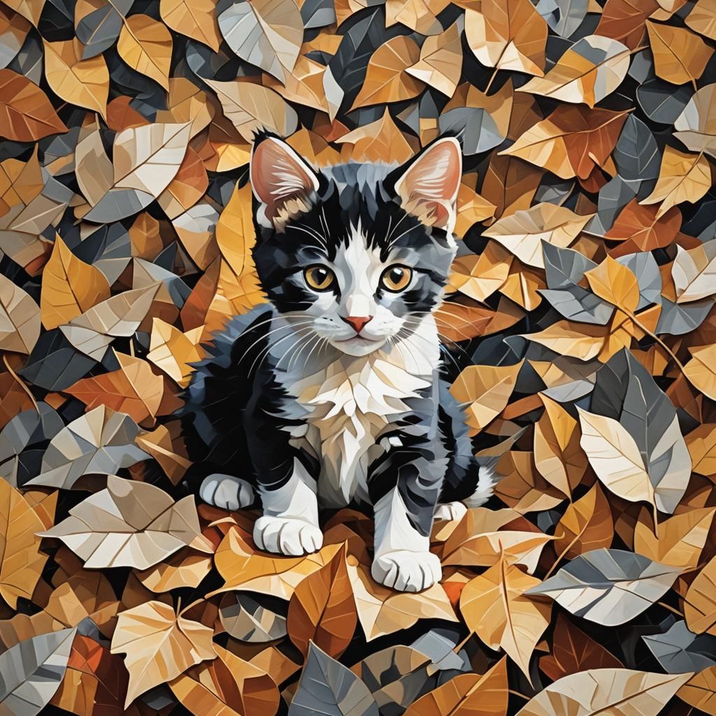 Cubist Kitten Playing in Autumn Leaves
