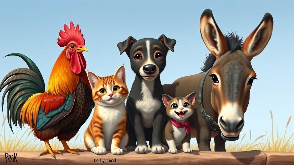 A Happy Animal Family: Rooster, Cat, Dog, Donkey