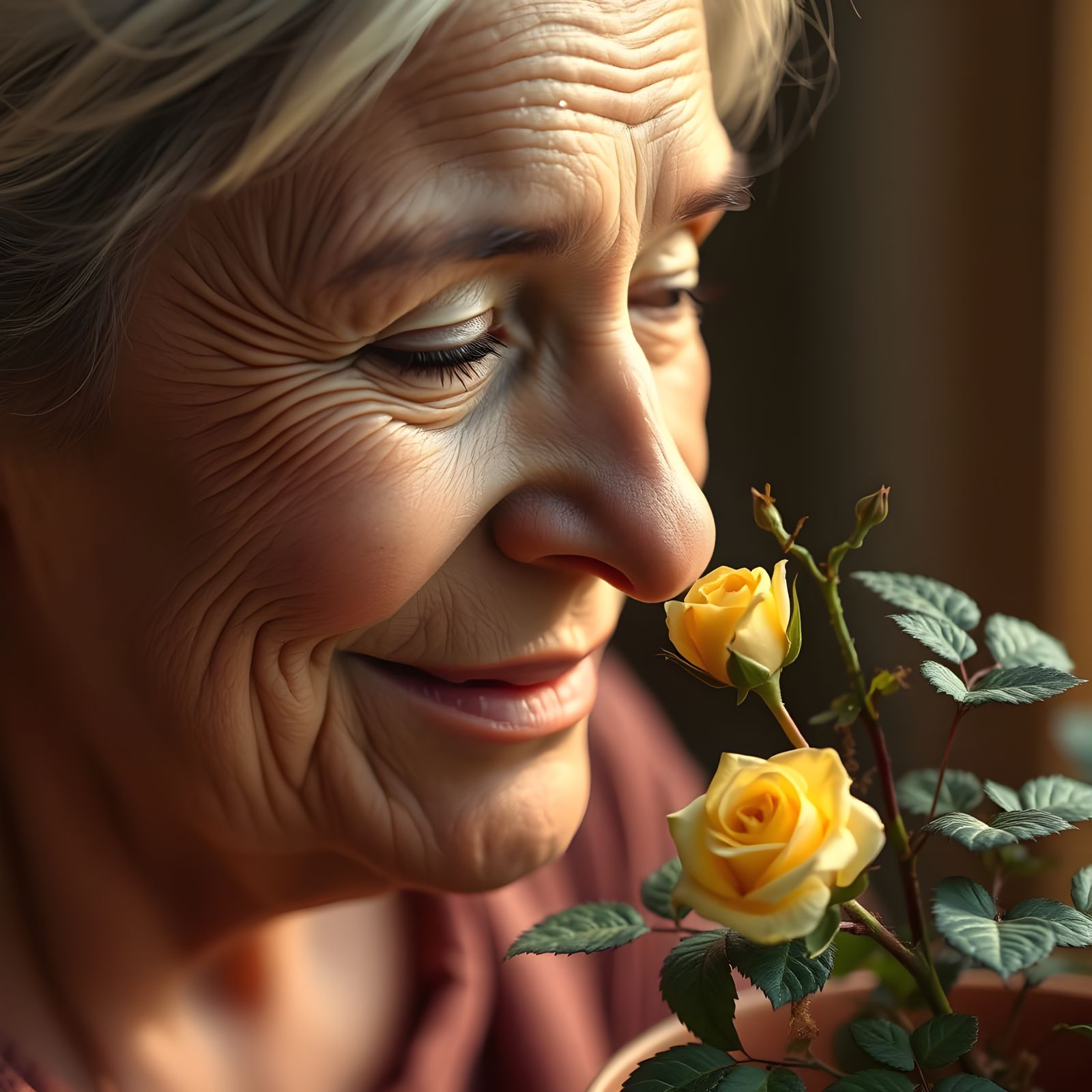 A Gentle Woman Admires a Small Yellow Rose