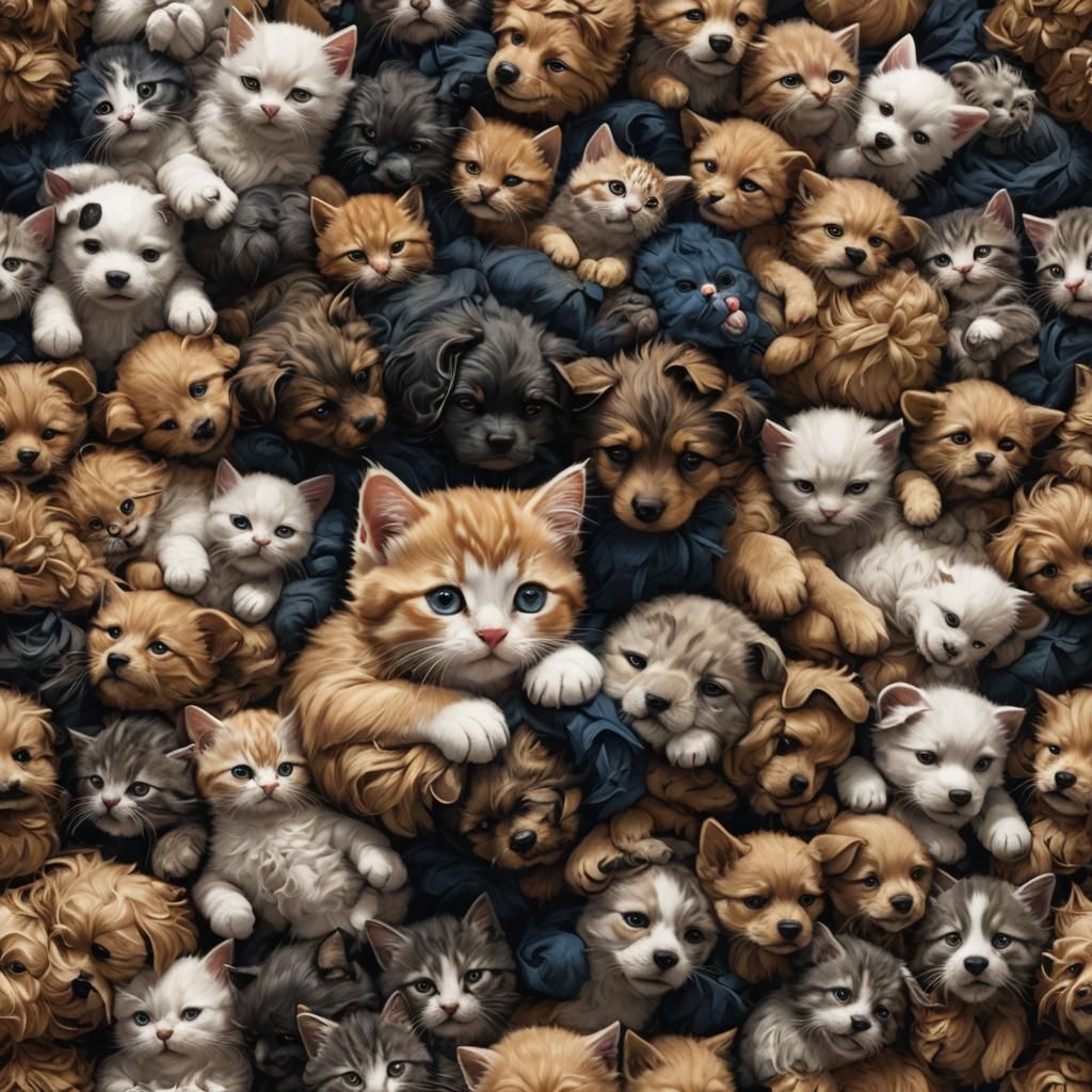 Kitten and Puppy Cuddle in Detailed Digital Painting