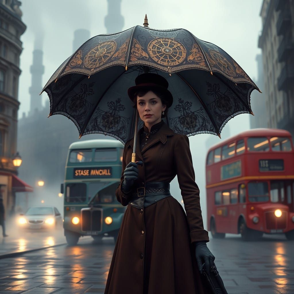 Steampunk Mary Poppins in Foggy London
