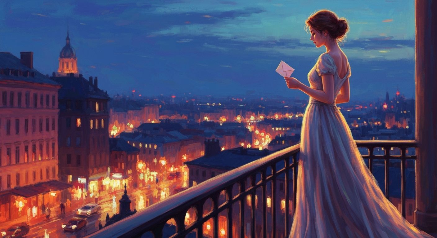 Woman Longs Over Cityscape at Twilight